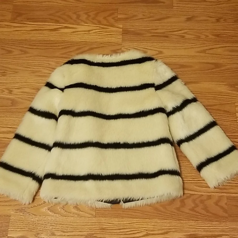 GAP Cream Faux Fur Jacket with Black Stripes